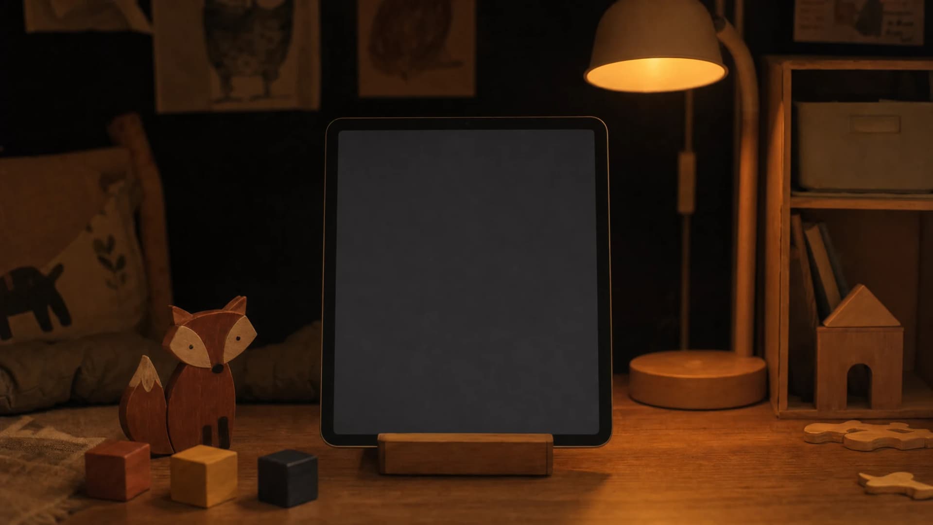 A child's room at dusk: a tablet in a wooden stand next to a toy fox.