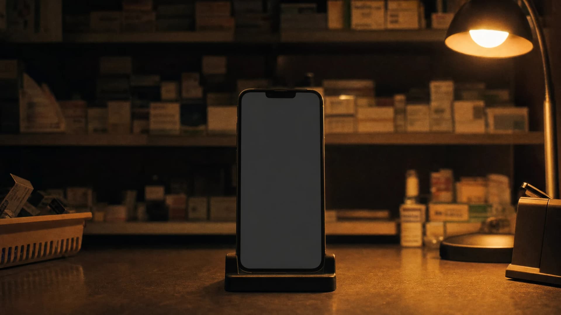 The back room of a pharmacy: a smartphone in a stand on the counter.