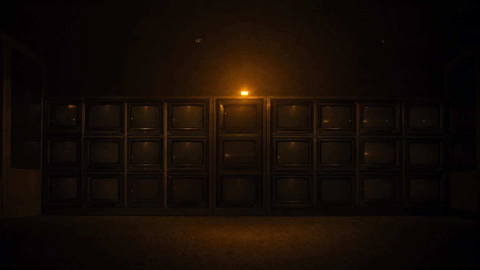 Een lege regiekamer bij nacht met een wand van uitgeschakelde monitoren.