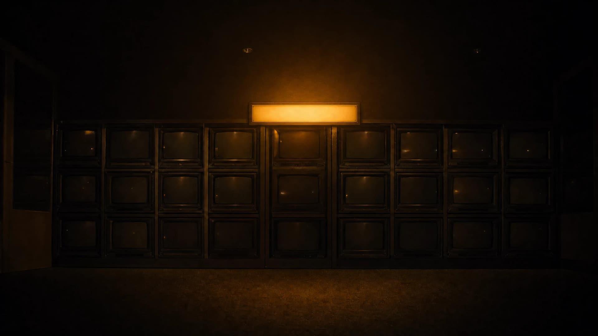 Een lege regiekamer bij nacht; boven de monitorwand brandt een amber lichtbak.