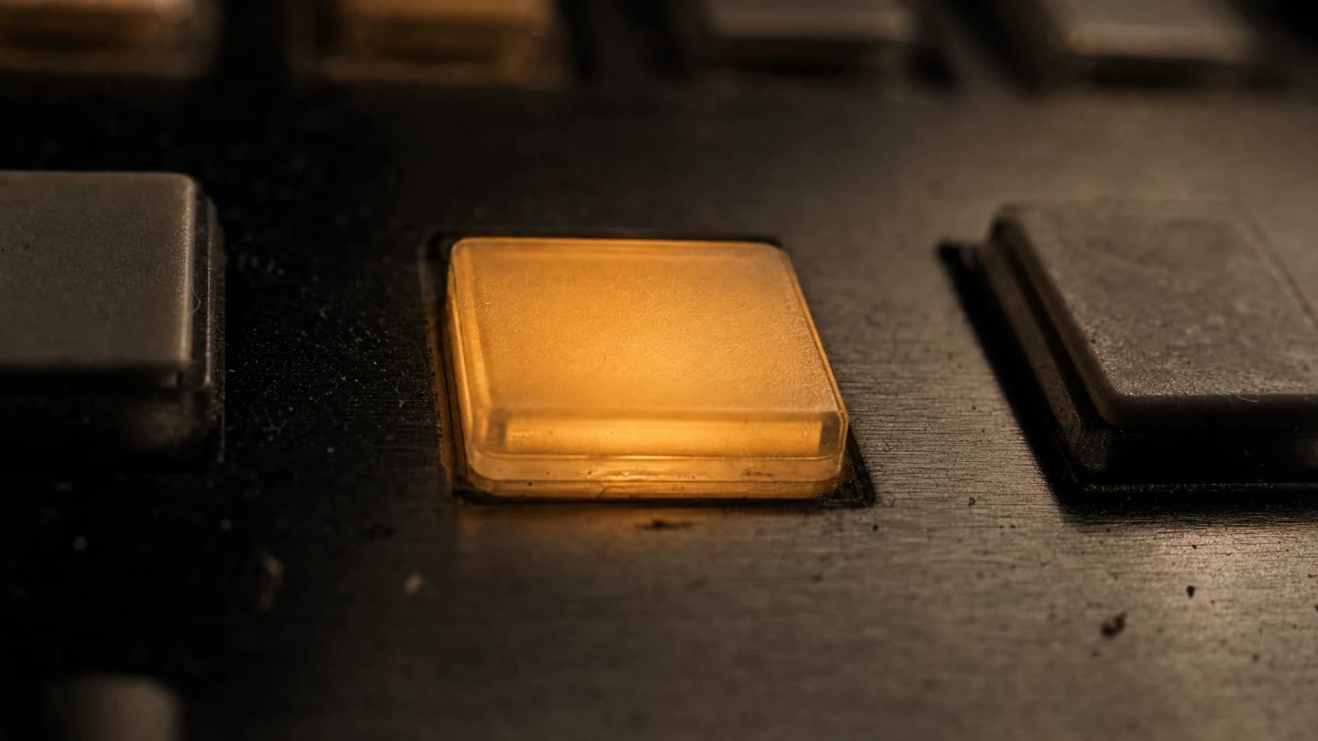 Macro-opname van een verlichte knop op een regietafel, in stand-by.