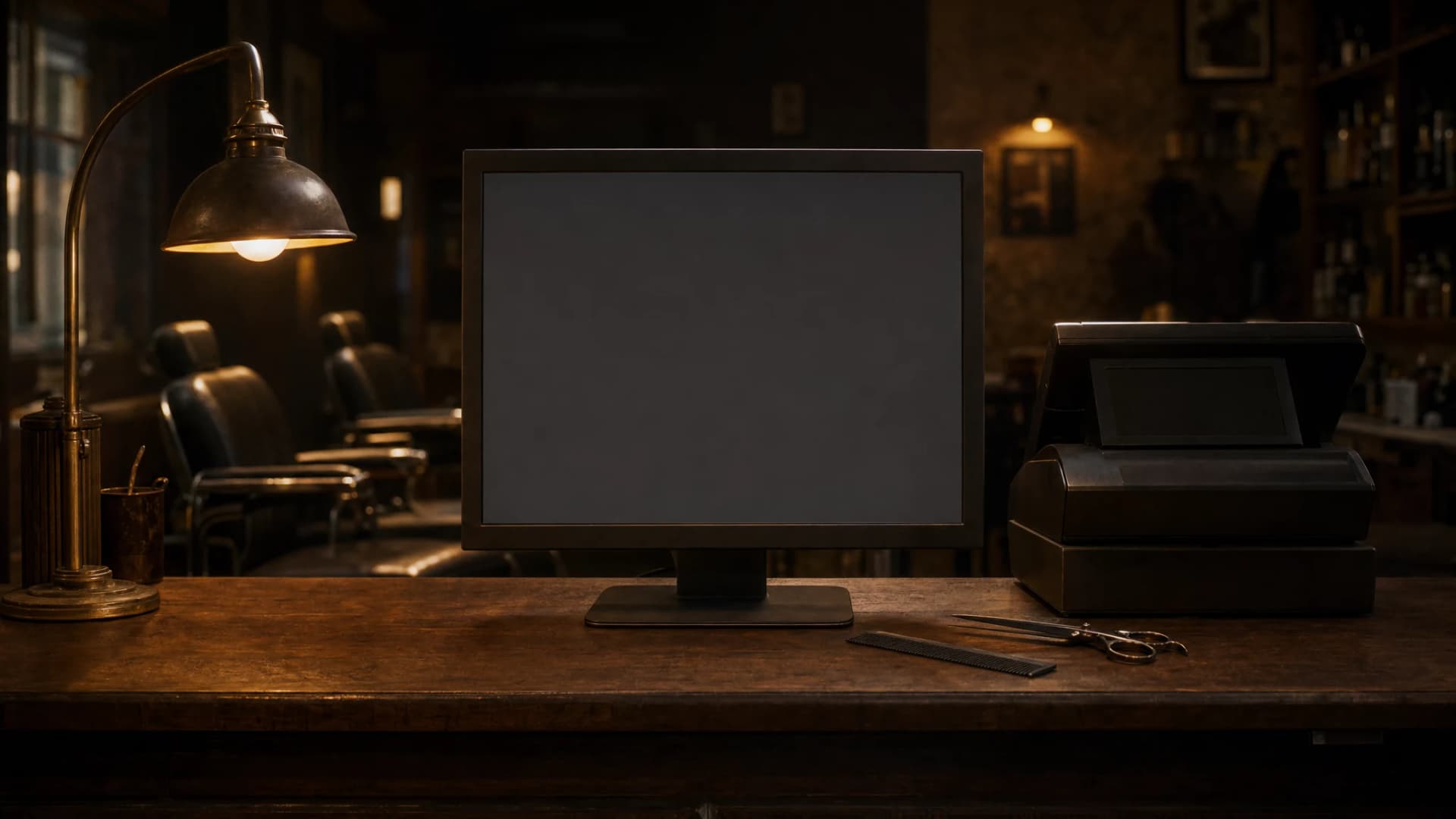 The counter of a barbershop: a monitor next to the till, barber chairs in the background.
