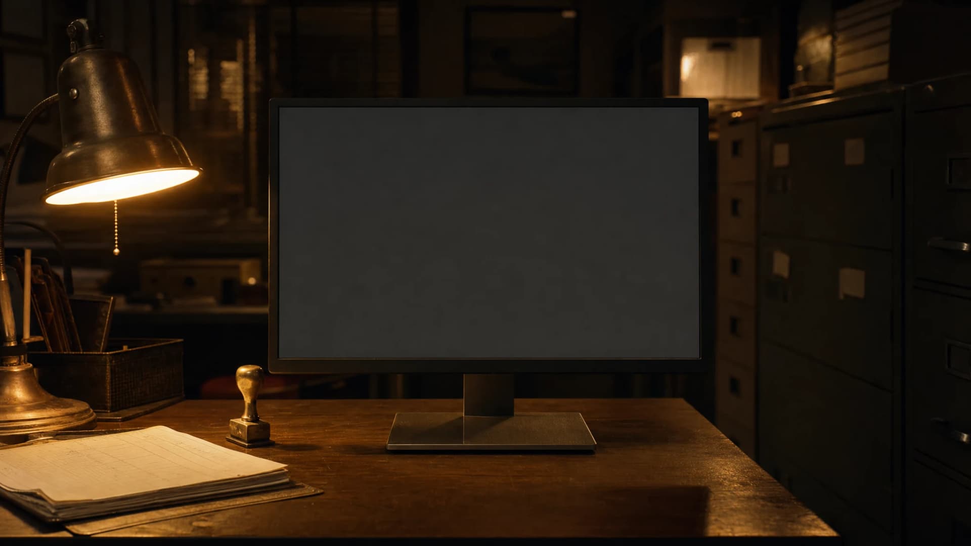 A small office at night: a monitor on a wooden desk next to a ledger and a stamp.