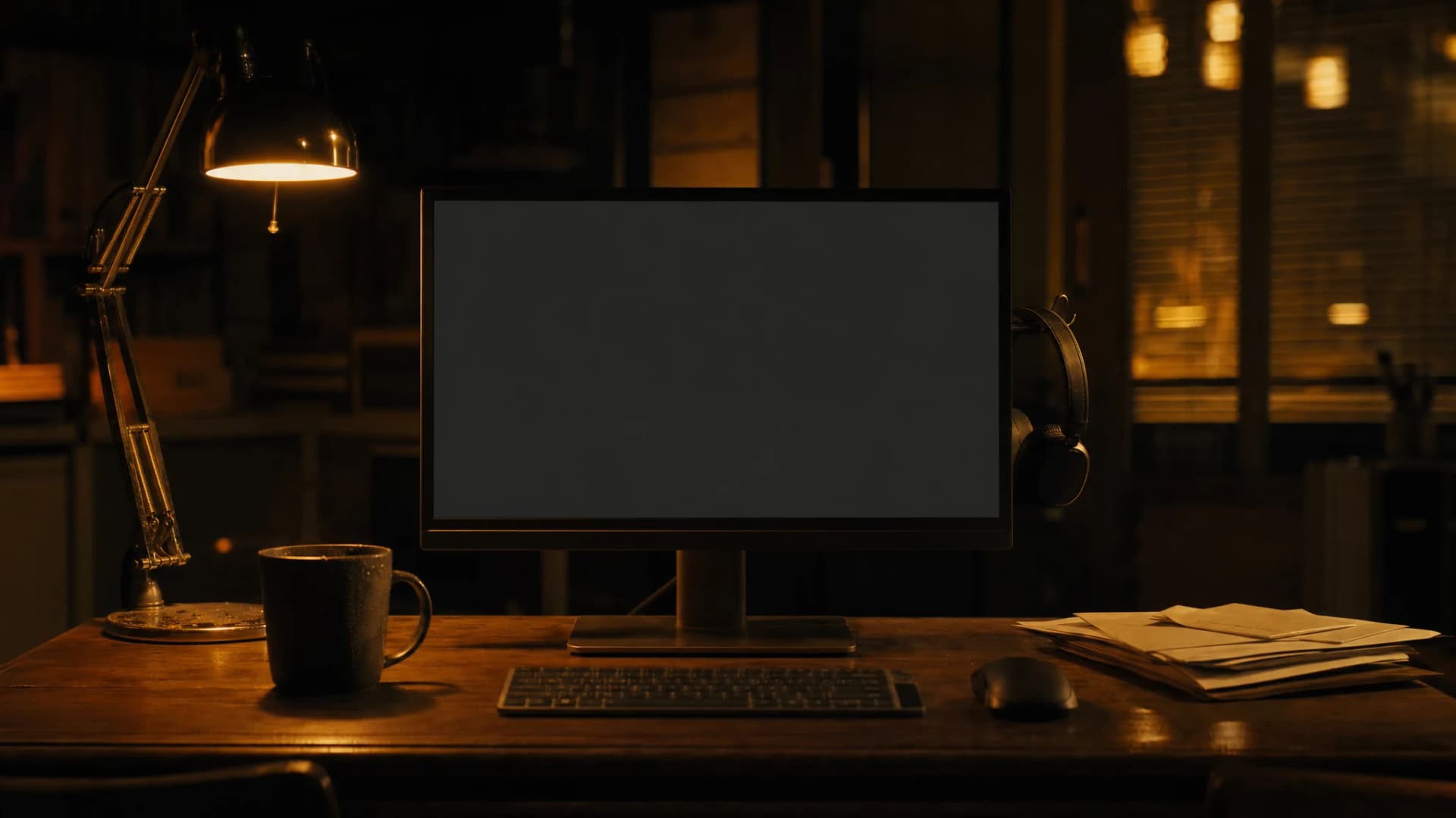 A customer service desk at night: a monitor, a headset on a hook and a pile of letters.