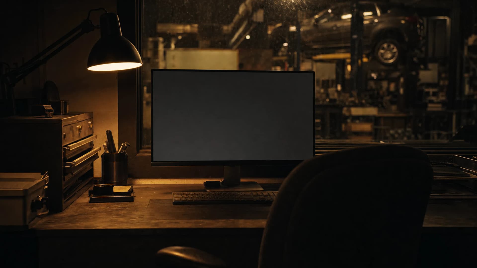 A garage office at night: a monitor on a steel desk, the workshop behind the window.