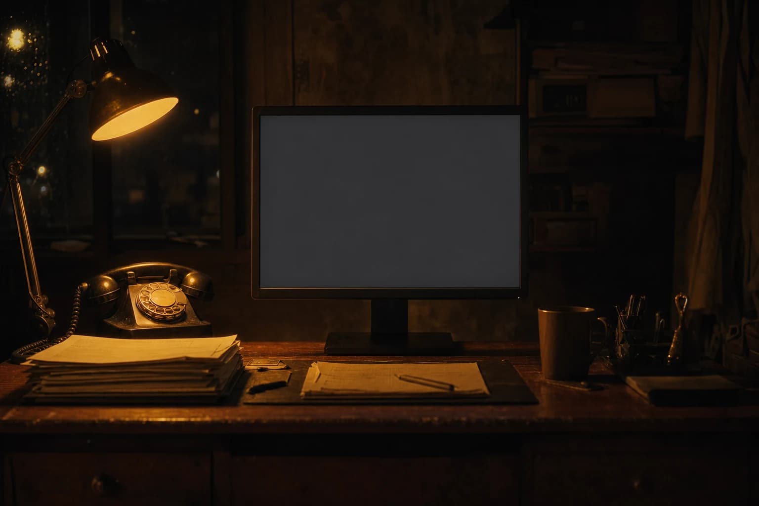 A small installation company at night: a monitor on a desk next to a rotary phone.