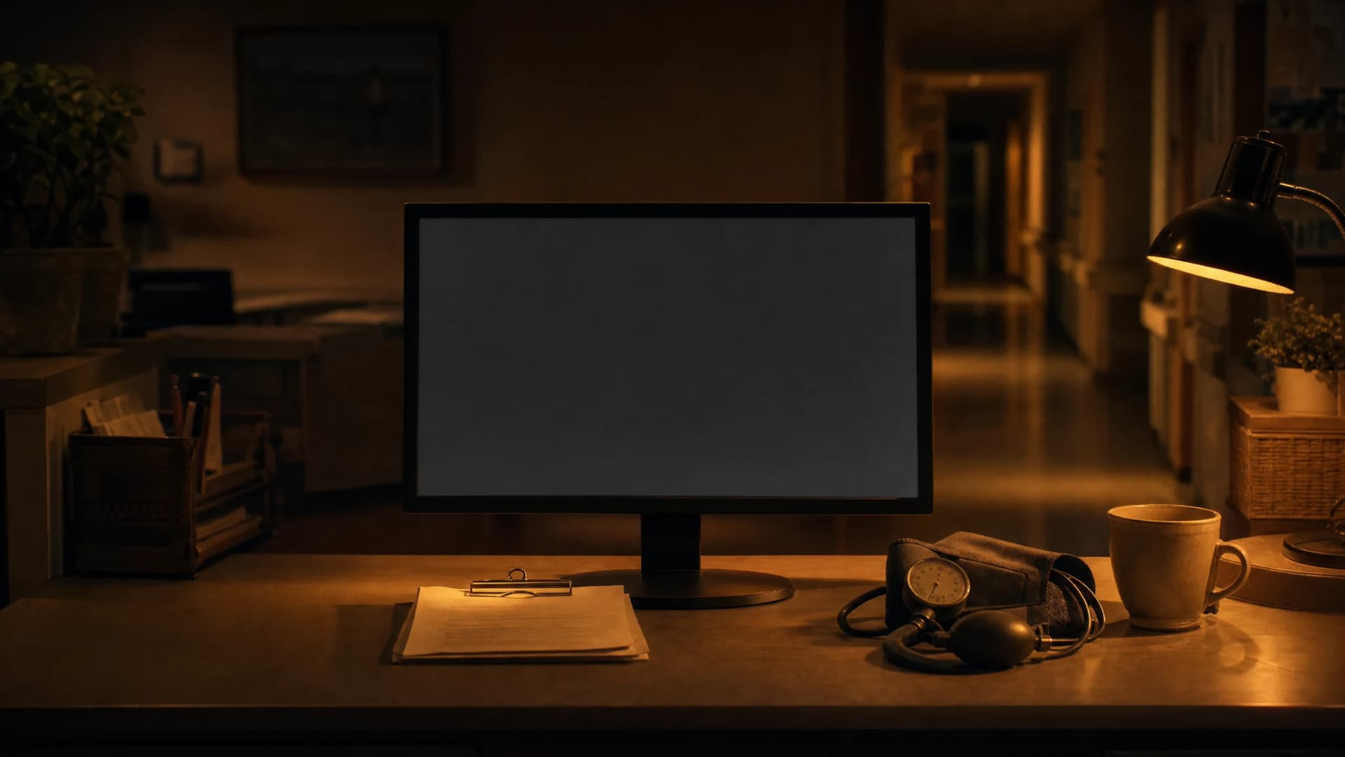 Een verpleegpost bij nacht: een monitor naast een klembord en een bloeddrukmeter.